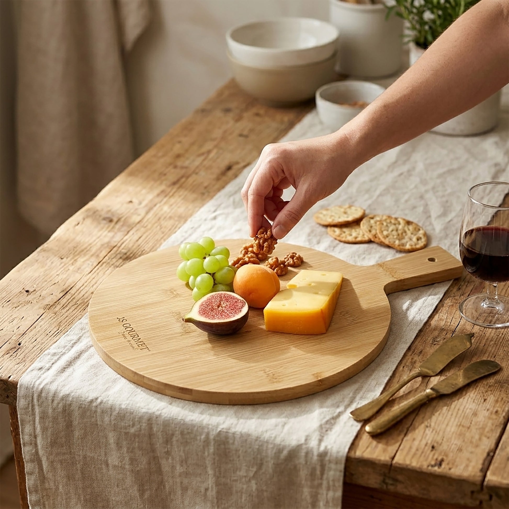 Round Bamboo Cheese Board with Engraved Design — 17"