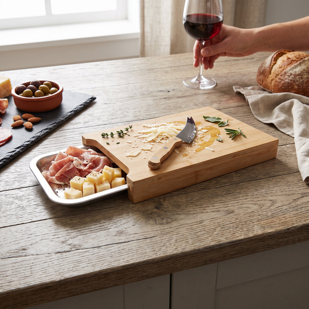 2-in-1 Bamboo Cutting Board with Sliding Stainless Steel Tray