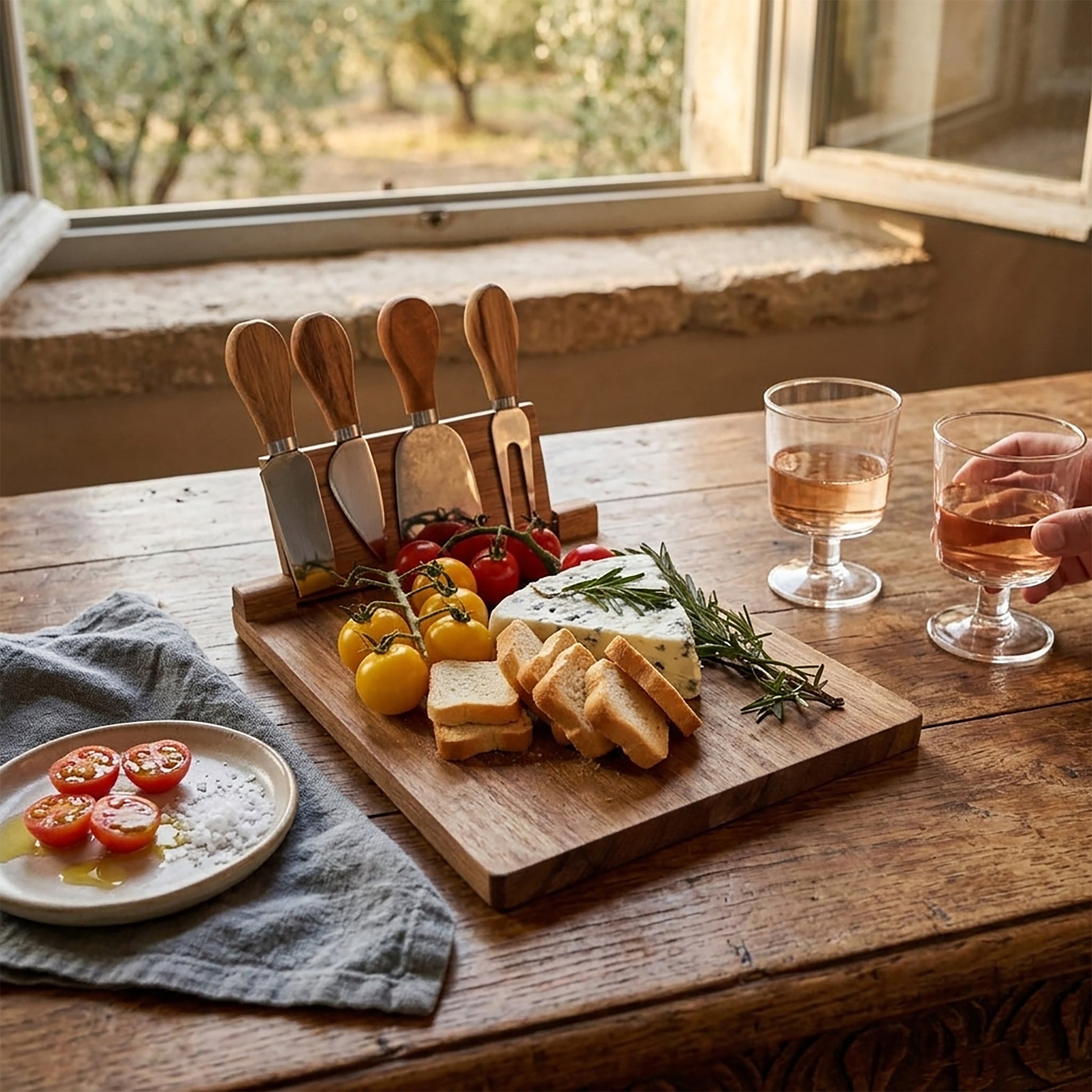 Acacia Wood Serving Board with Magnetic Holder and 4 Cheese Tools