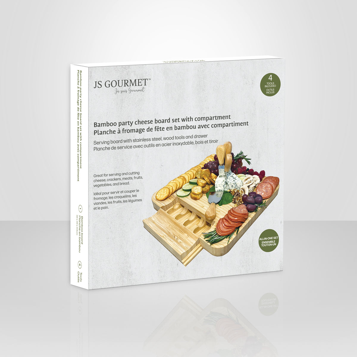 Party-Size Bamboo Cheese Board with Sliding Drawer and 4 Cheese Tools packaging