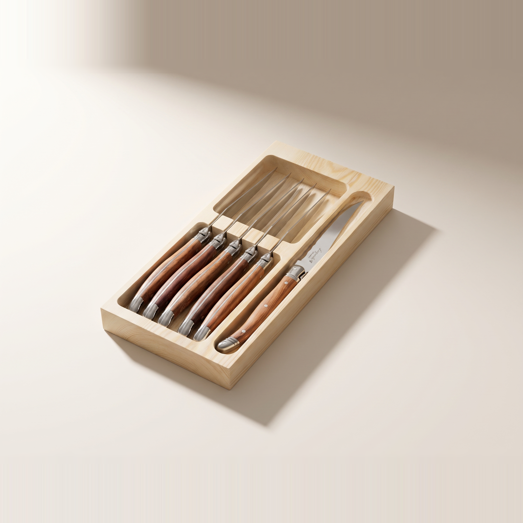 Ensemble de 6 couteaux à steak Laguiole avec coffret de rangement en bambou — Manches imitation bois