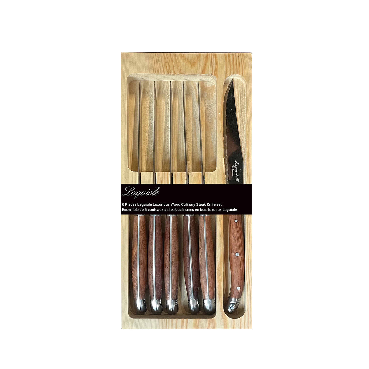 Laguiole 6-Piece Steak Knife Set with Bamboo Storage Case — Wood-Grain Handles packaging