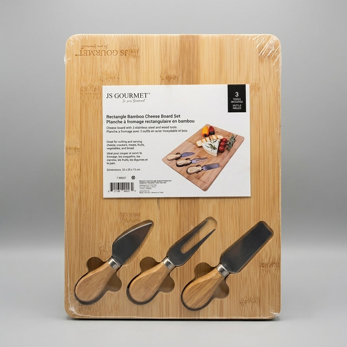Bamboo Cheese Board with 3 Cheese Tools and Built-in Holder packaging
