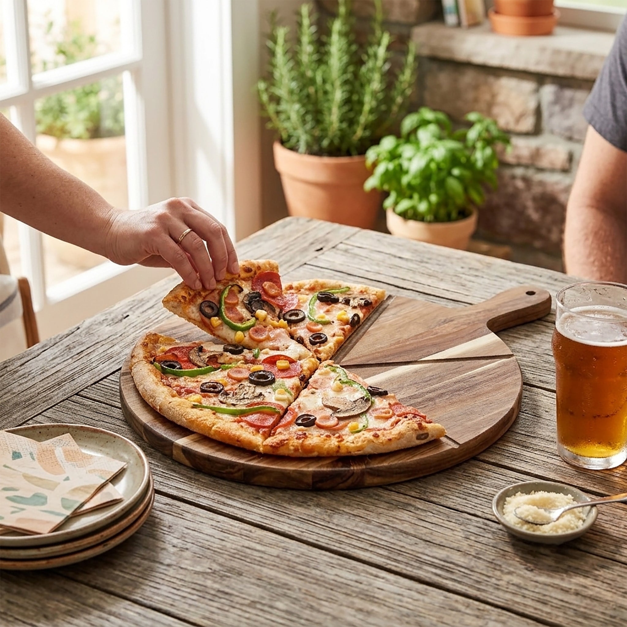 Acacia Wood Reversible Pizza Board with Grooved Slicing Guides — 16"