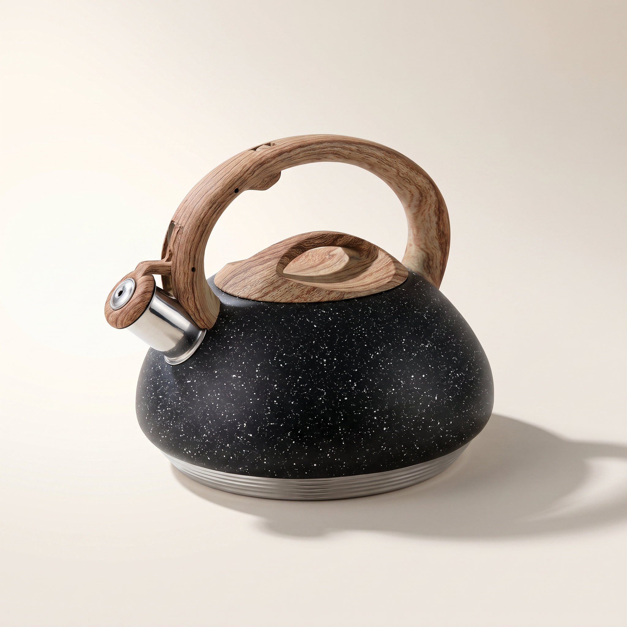 Bouilloire siffleuse en acier inoxydable de 3 L pour cuisinière – Poignée en bois clair et motif oblong à pois noirs
