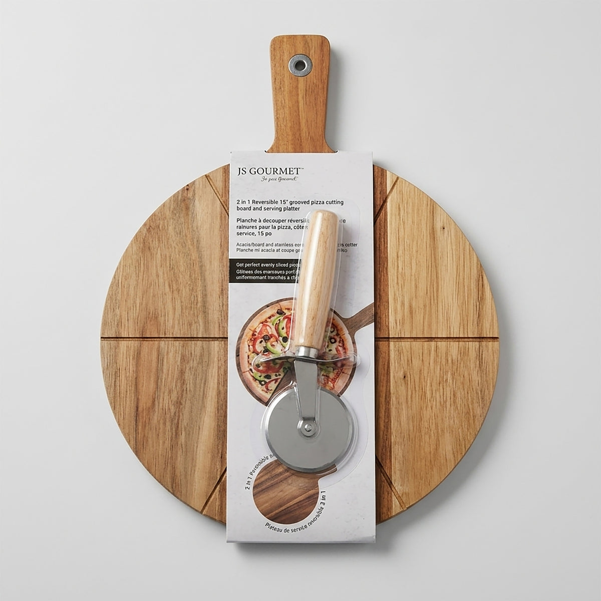 2-in-1 Reversible 15" Acacia Pizza Board with Pizza Cutter packaging
