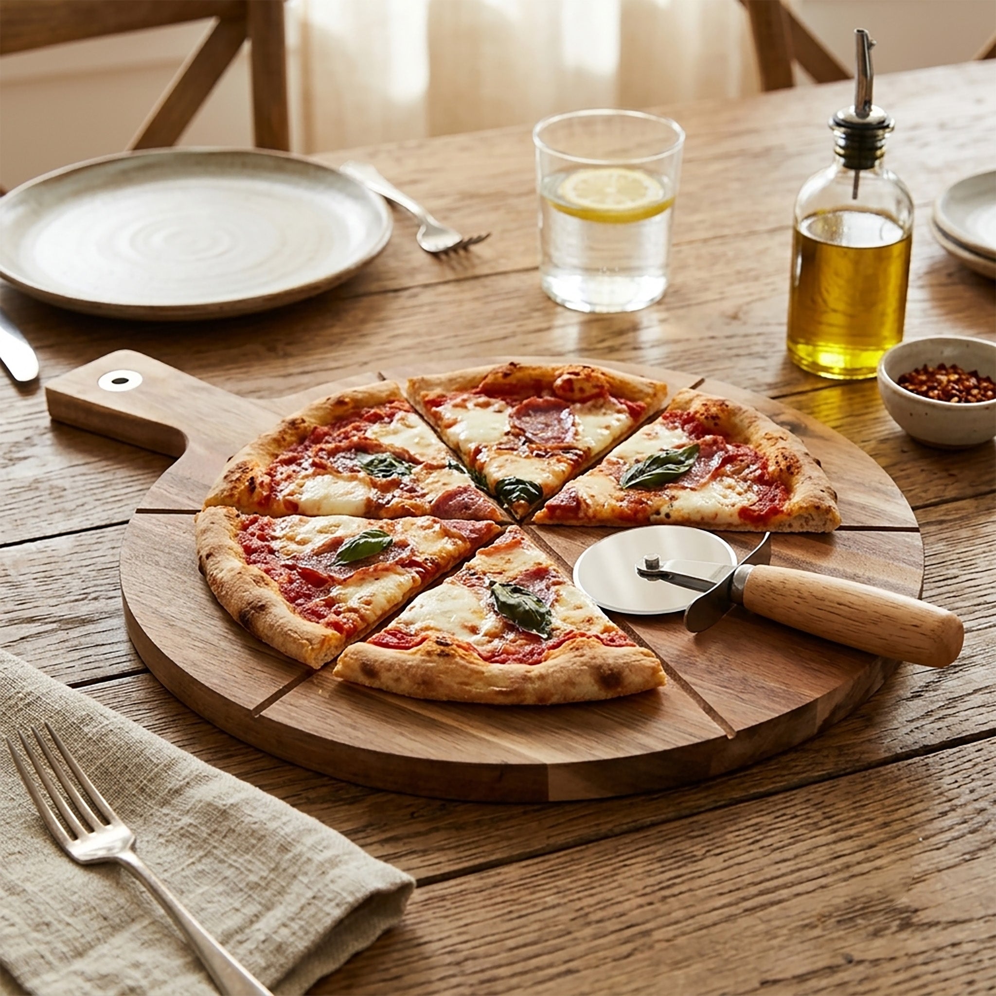 2-in-1 Reversible 15" Acacia Pizza Board with Pizza Cutter
