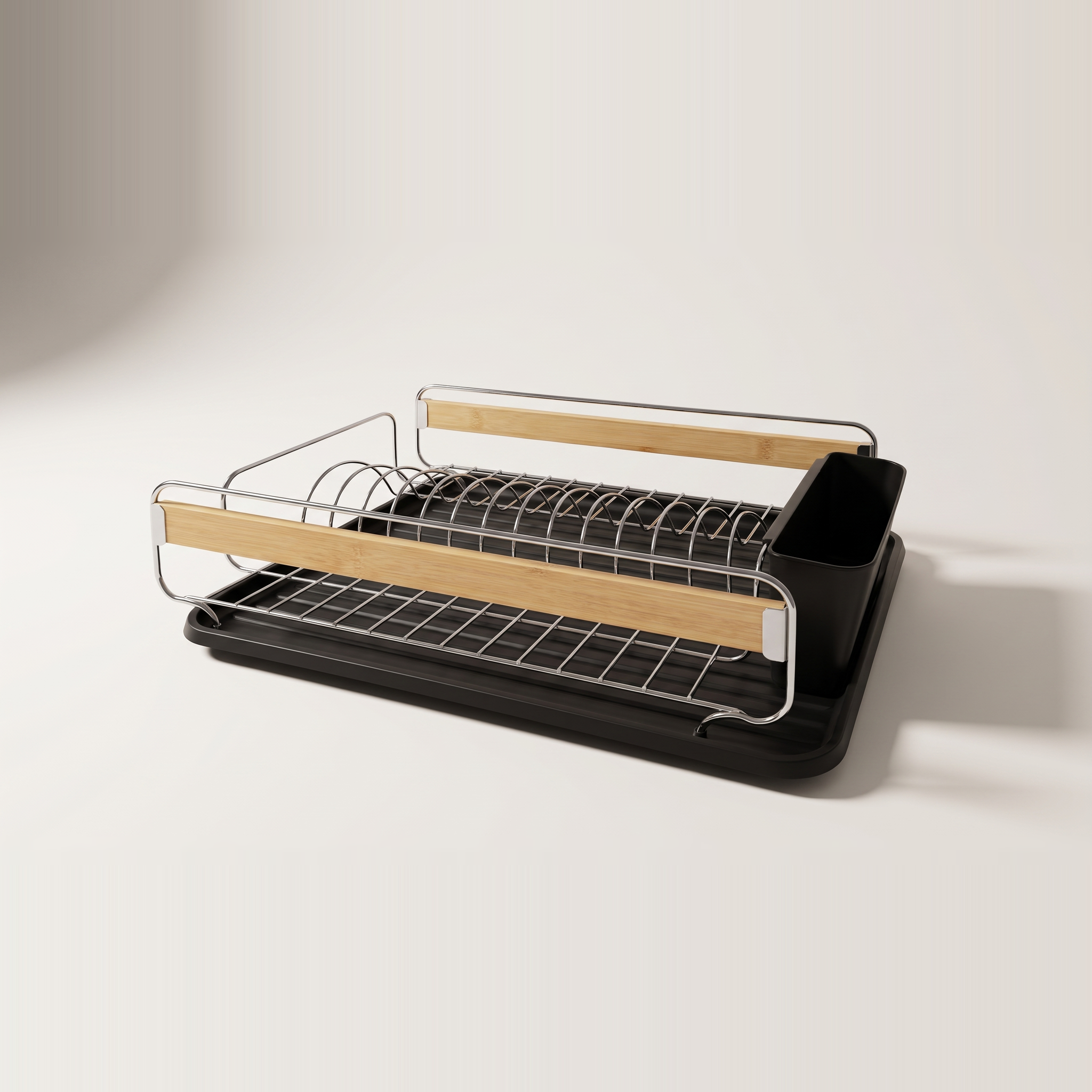 Égouttoir à vaisselle avec porte-couverts et égouttoir - Noir et bambou