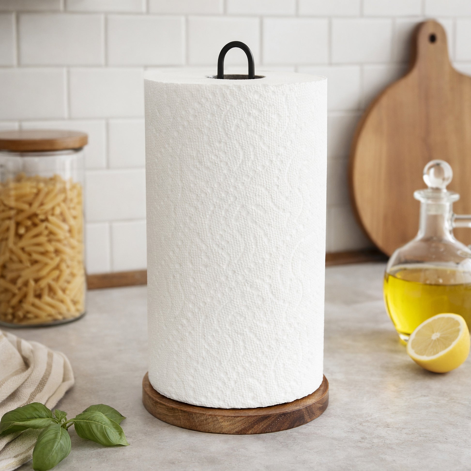 Steel Wire & Acacia Paper Towel Holder