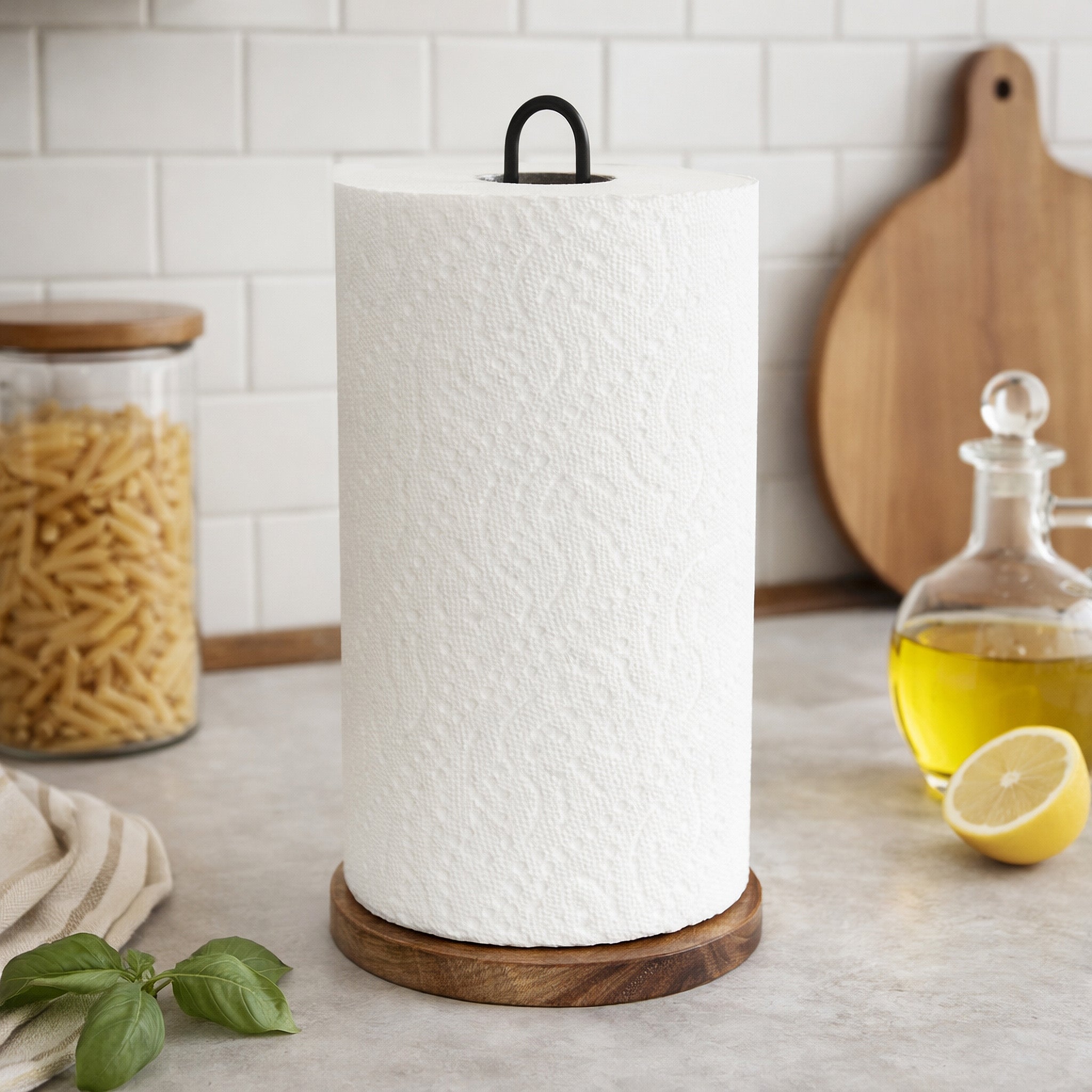 Steel Wire & Acacia Paper Towel Holder