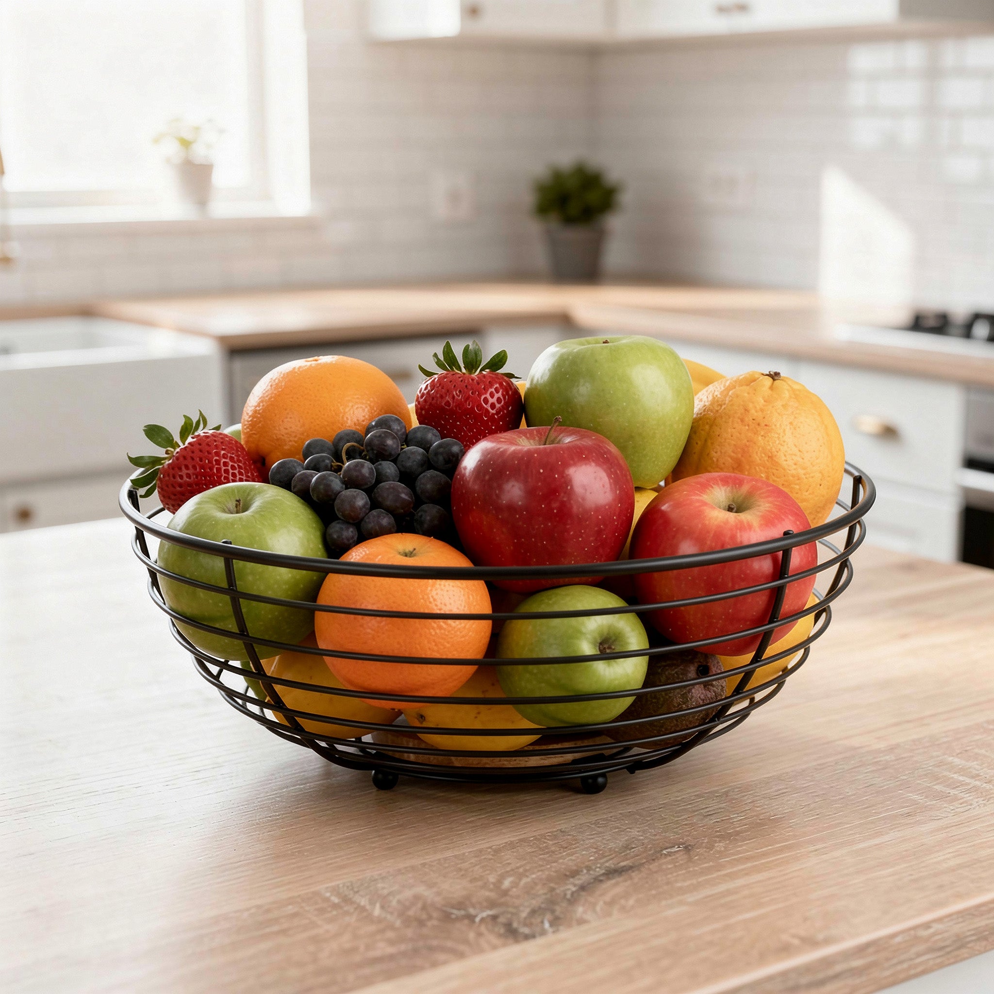 Steel Wire Fruit Basket with Acacia Wood Base