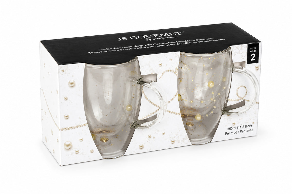 Double-Wall Glass Mugs with Floating Pearl Ornaments — Set of 2 packaging