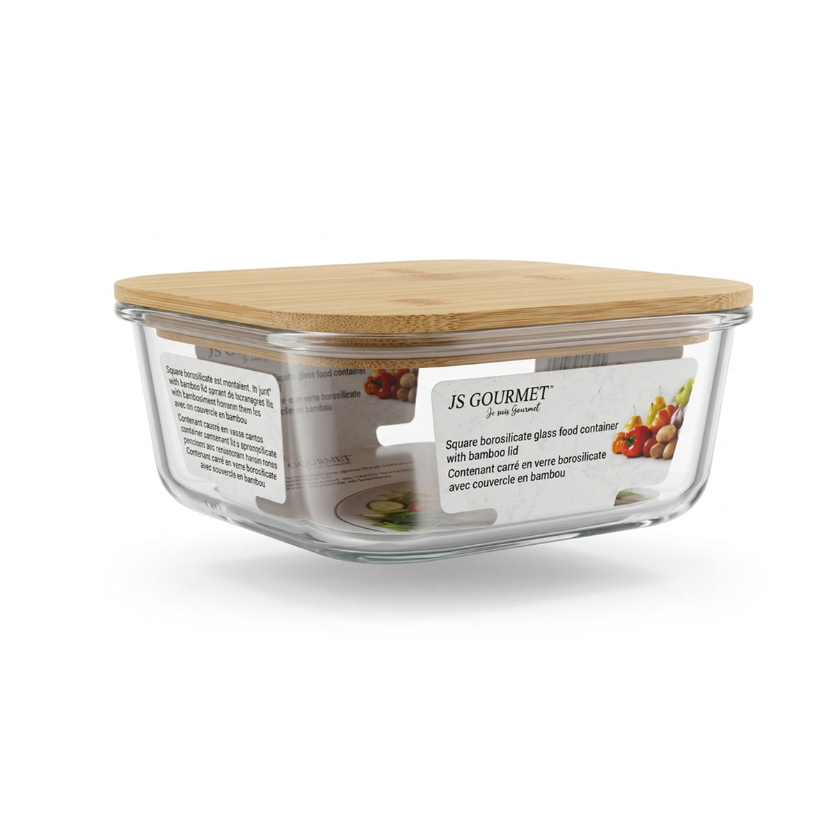 JS Gourmet Square Borosilicate Glass Food Container with Bamboo Lid — 800 ml packaging