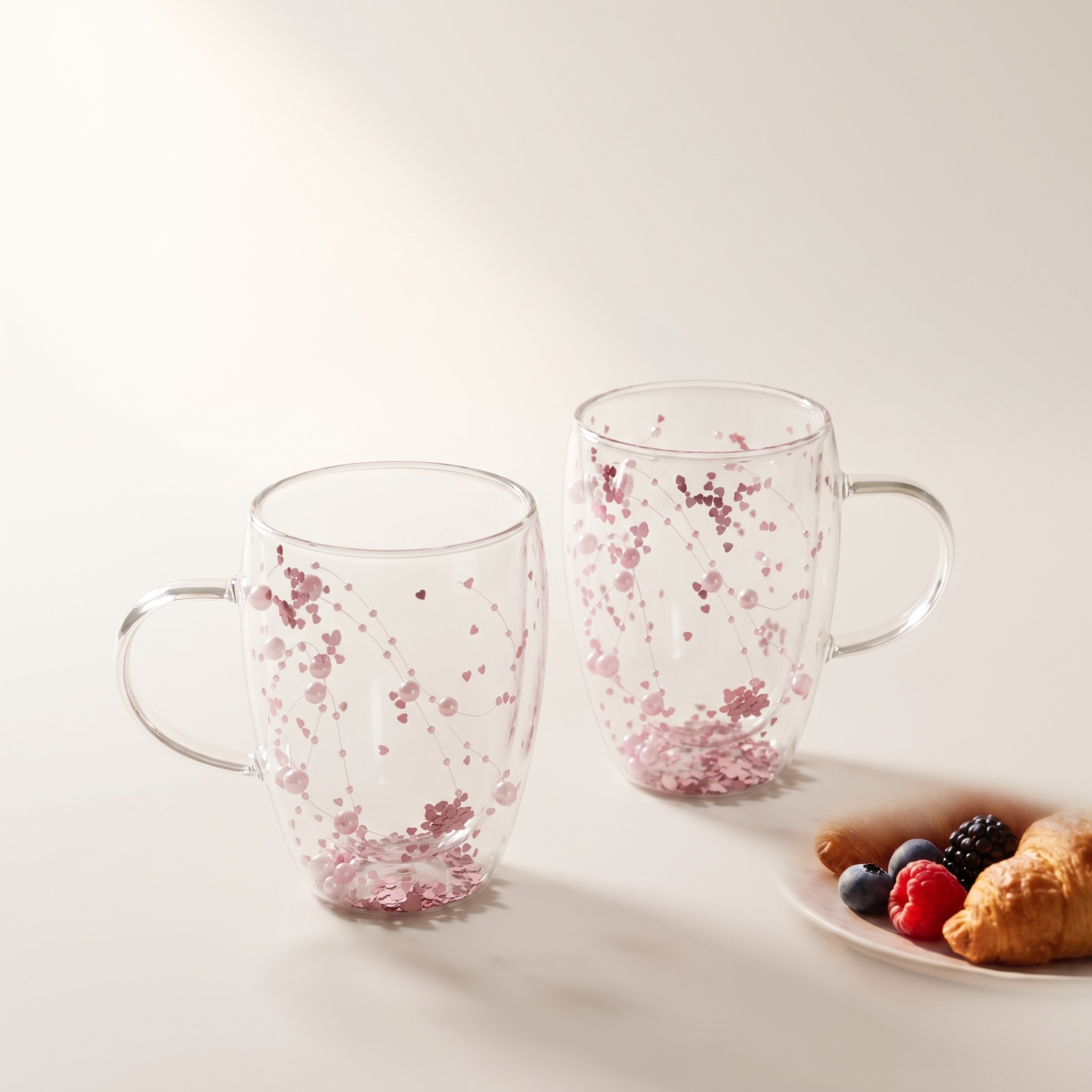 Tasses en verre à double paroi avec collier de perles flottant — Lot de 2