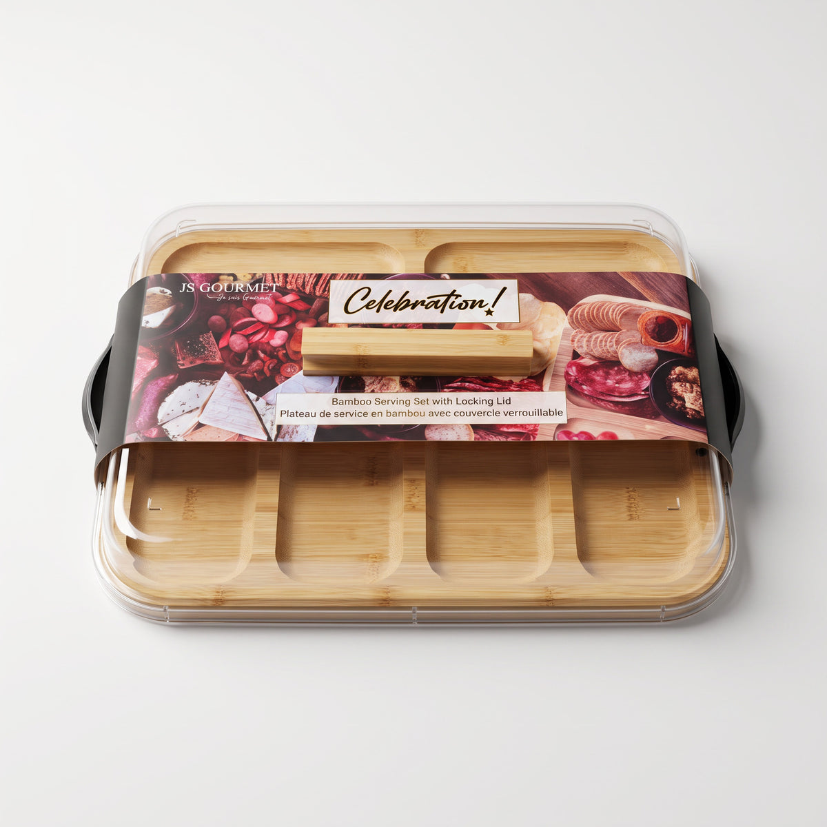 Dual Function "Build a Board" Bamboo Serving Tray with Locking Lid & Carrying Handle packaging
