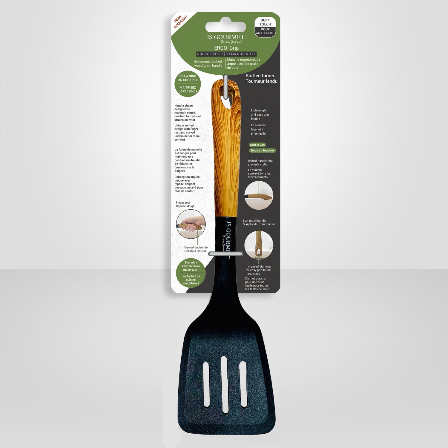 Slotted turner Ergonomic arched grain handle
