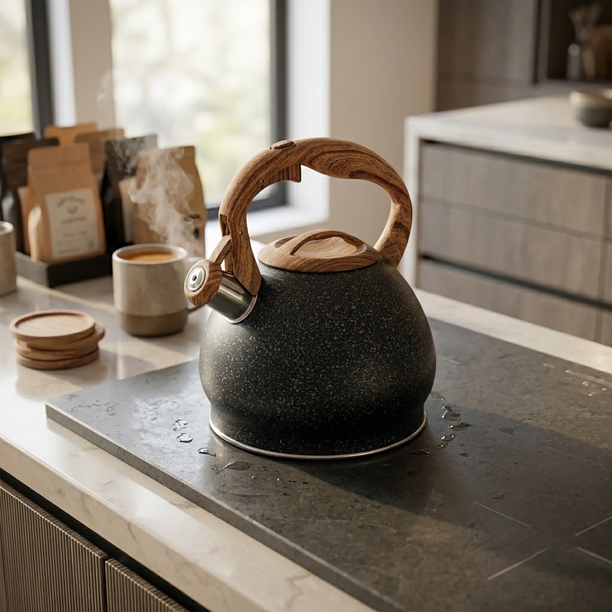 3L Whistling Stainless Steel Stovetop Kettle - Light Wood Handle and Black Cone Design