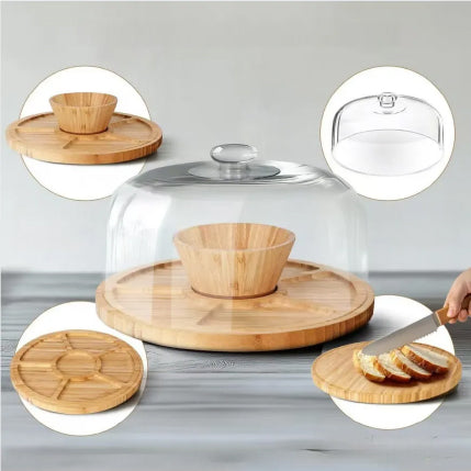 2-in-1 round acacia wood serving & cake stand with lid