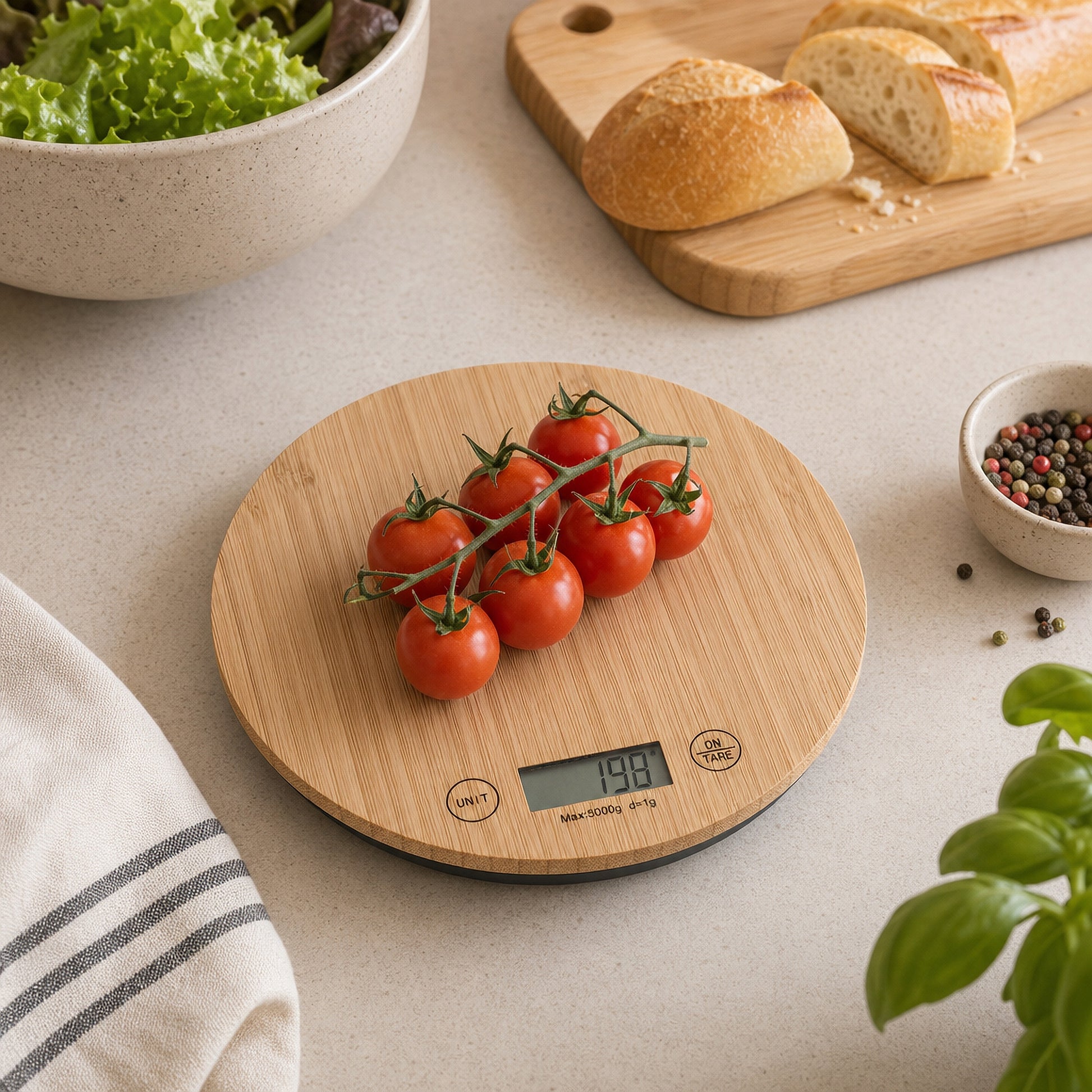 Round Digital Bamboo Kitchen Scale with LCD Display