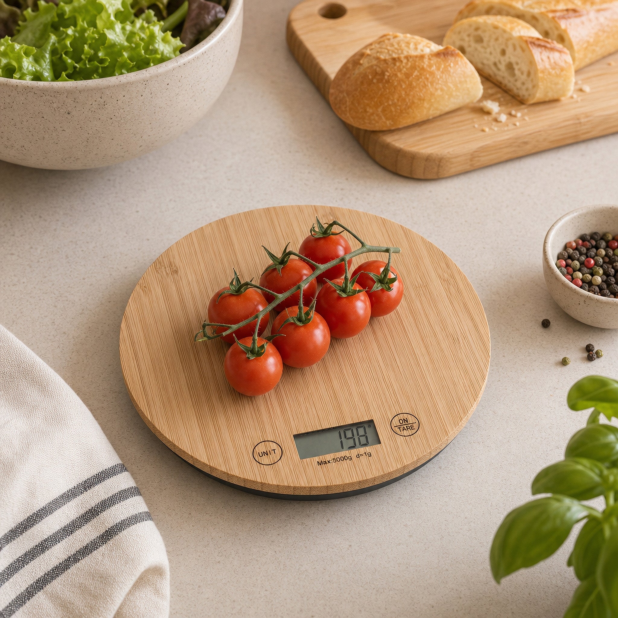 Round Digital Bamboo Kitchen Scale with LCD Display