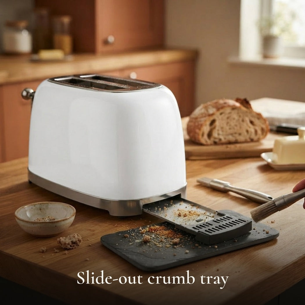 Slide-out crumb tray — 2-Slice Retro Toaster, White