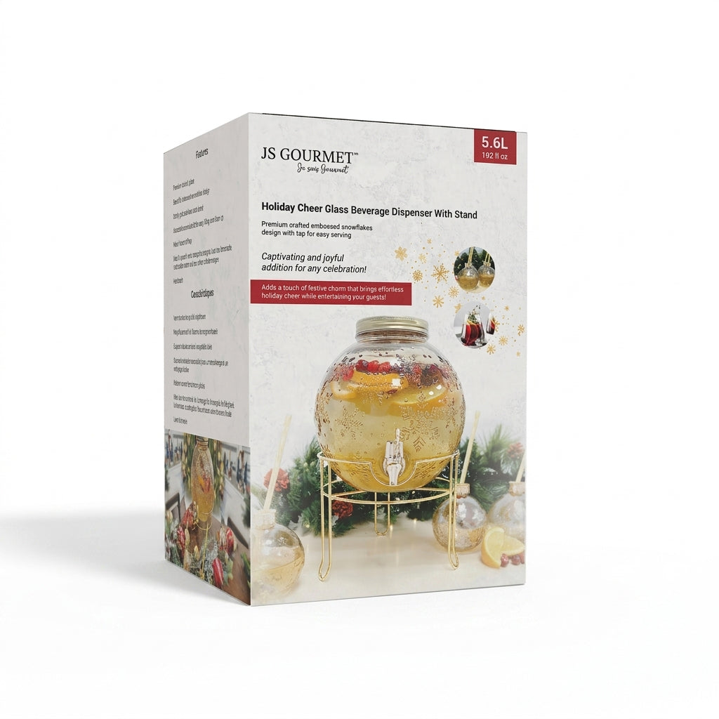 Holiday Cheer Glass Beverage Snowflake Dispenser with Stand, 5.6 L packaging