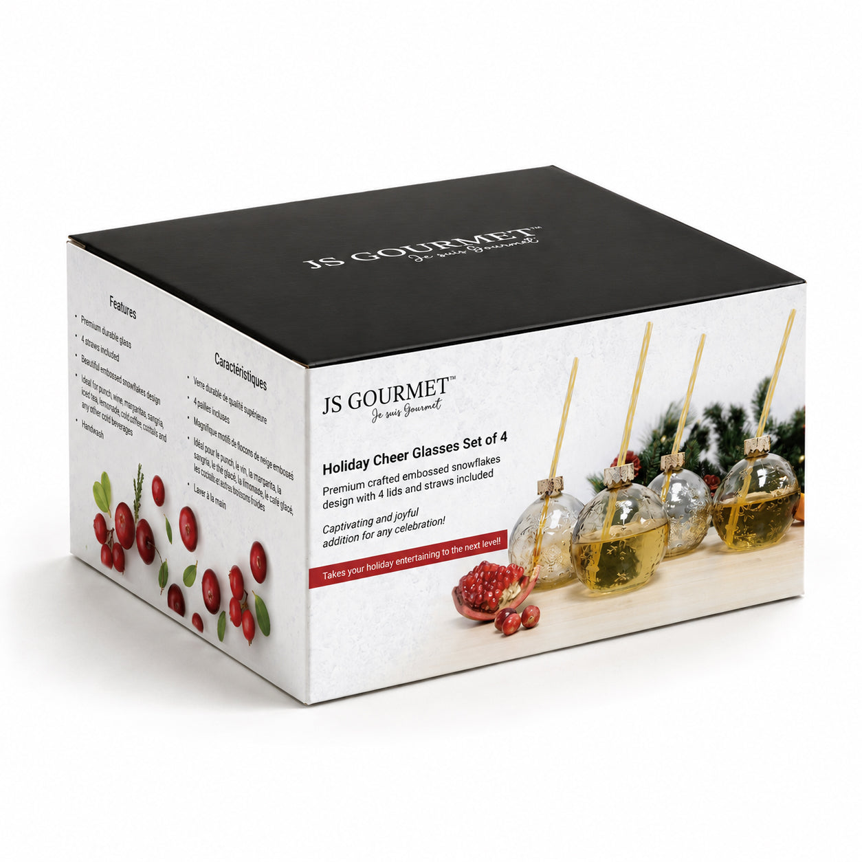 Holiday Cheer Snowflake Glasses with Lids & Straws, Set of 4 packaging