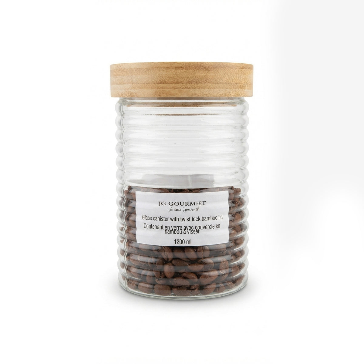 Embossed Glass Canister with Bamboo Twist-Lock Lid, 1.3L packaging