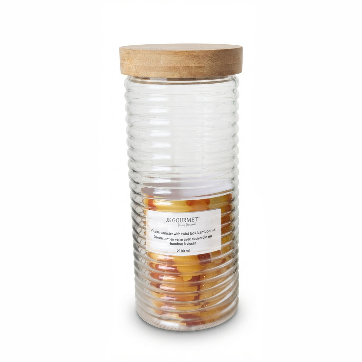 Embossed Glass Canister with Bamboo Twist-Lock Lid, 2.1L packaging