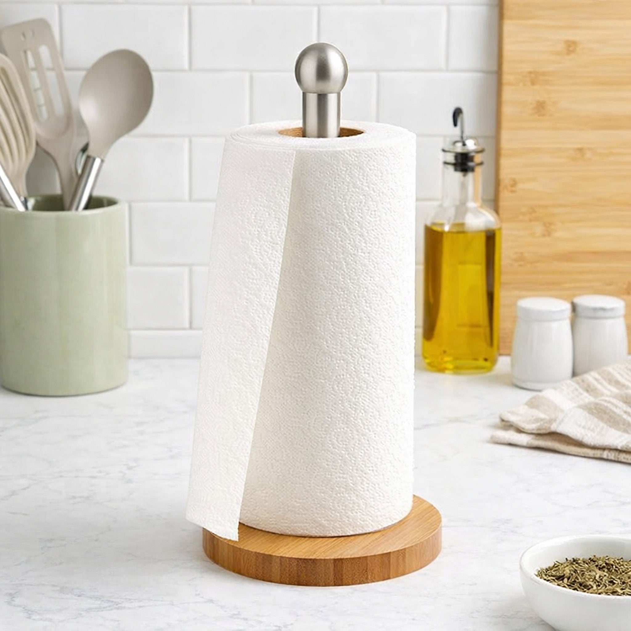 Stainless Steel & Bamboo Paper Towel Roll Holder