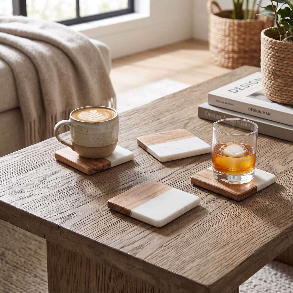 Set of 4 Acacia Wood & Marble Coasters