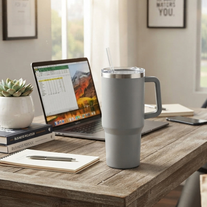 Double-Wall Insulated Stainless Steel Travel Mug, 1.2L / 40 oz — Light Grey