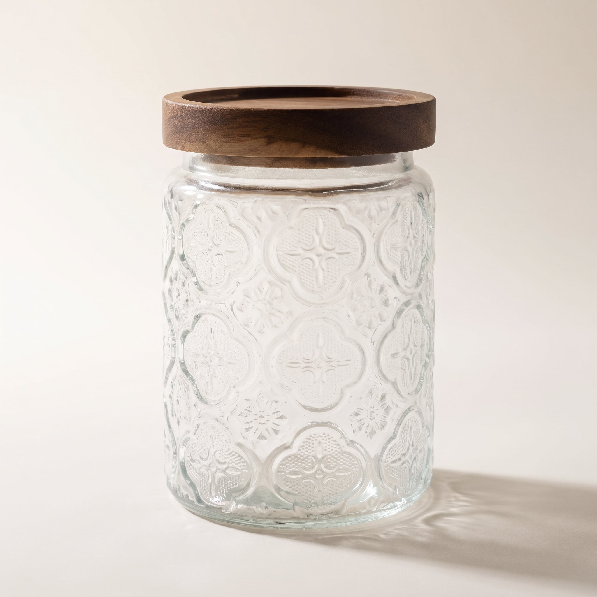 Bocal en verre gaufré de 750 ml avec couvercle en bois d'acacia à clipser