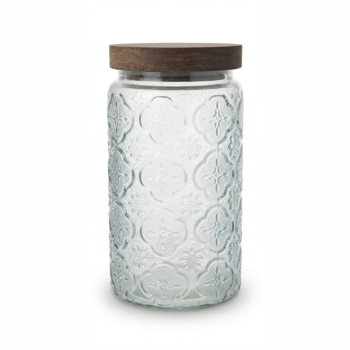 1L Embossed Glass Canister with Snap Acacia Wood Lid packaging