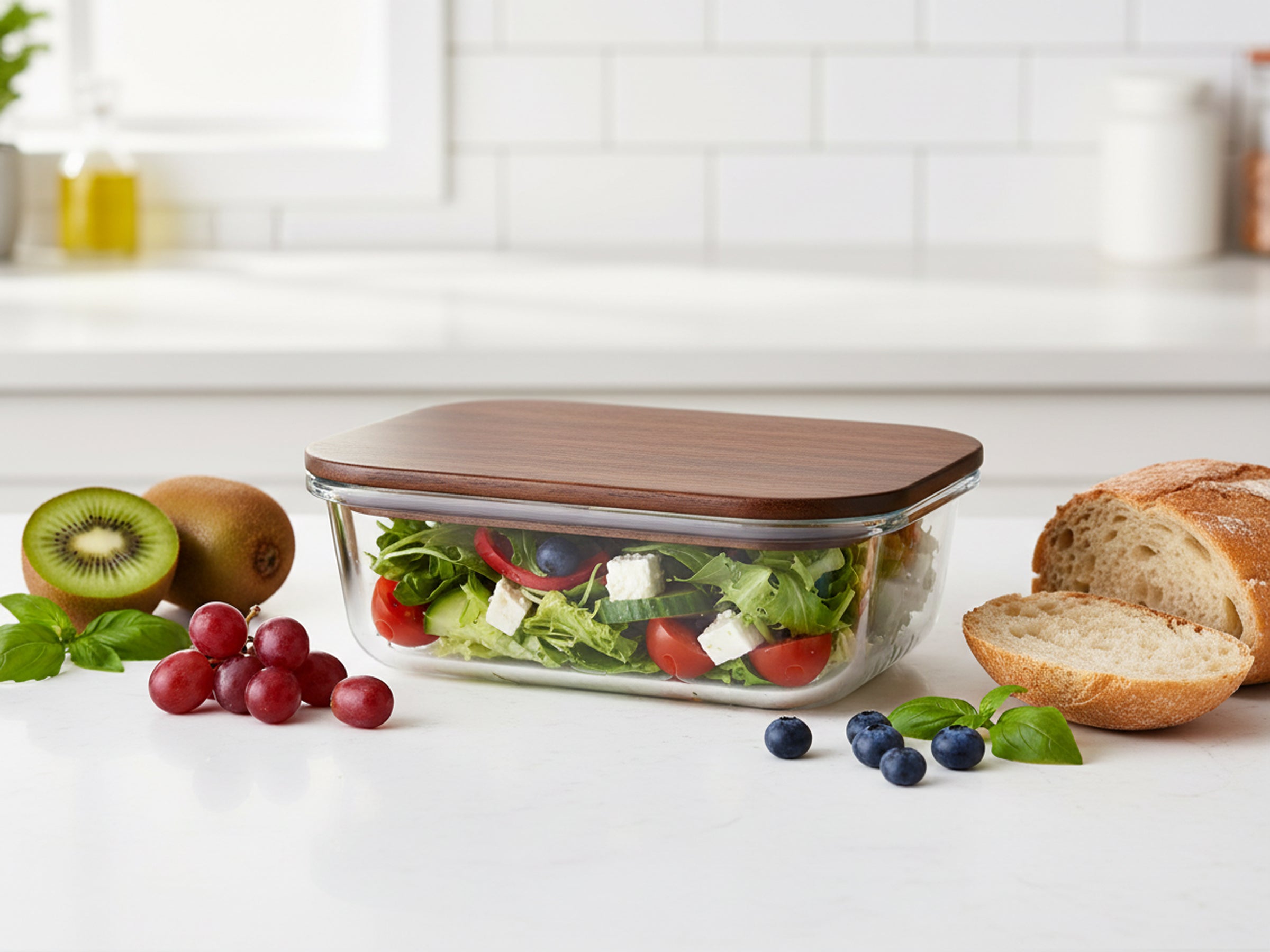 450ml Rectangular Borosilicate Glass Food Container with Acacia Wood Lid
