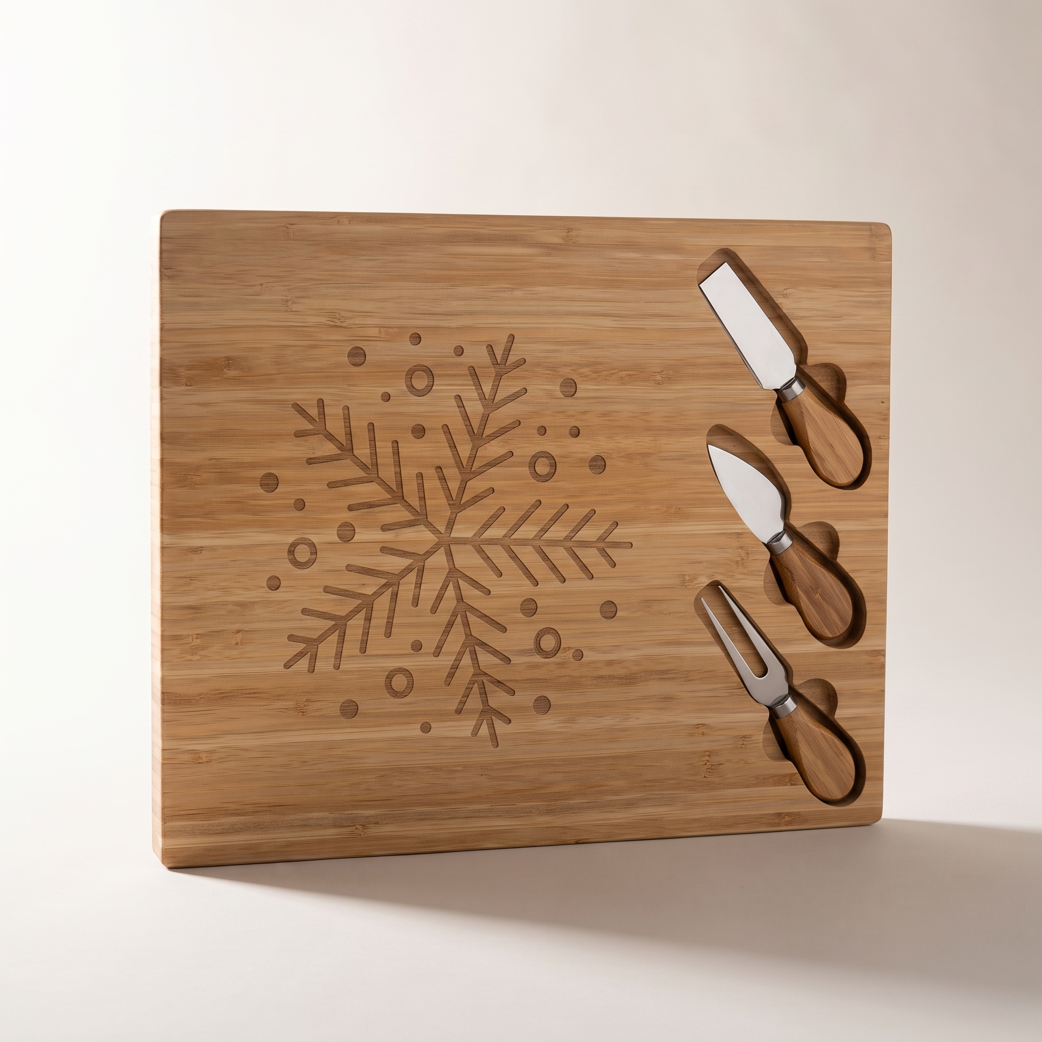 Planche à Fromage en Bambou avec 3 Ustensiles (Motif Flocon de Neige)