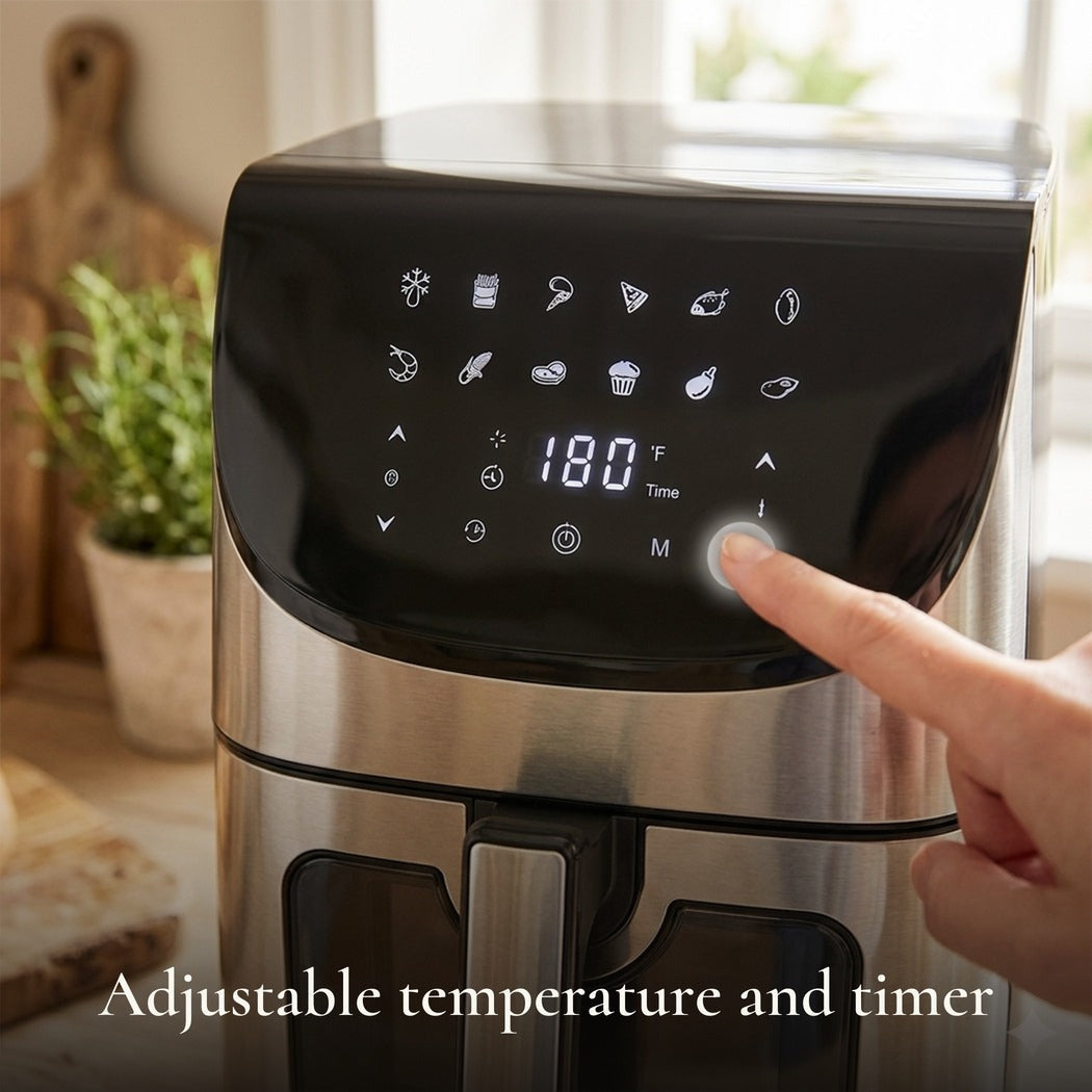 Adjustable temperature and timer — 8L Digital Touch Air Fryer — Black & Stainless Steel