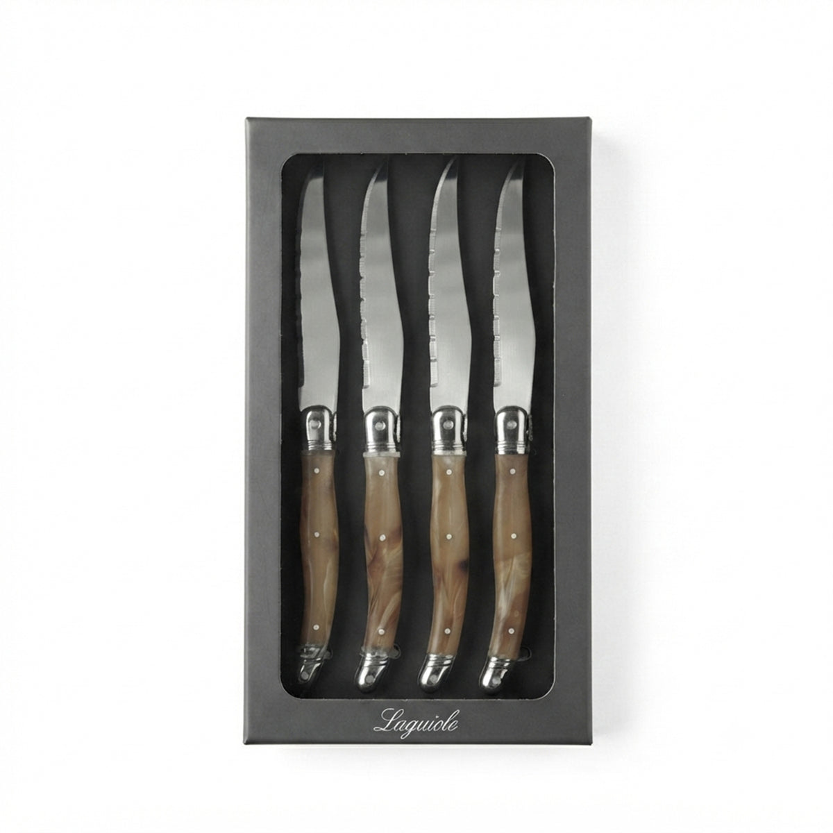 Laguiole 4-Piece Steak Knife Set — Dark Horn, Pinewood Box packaging