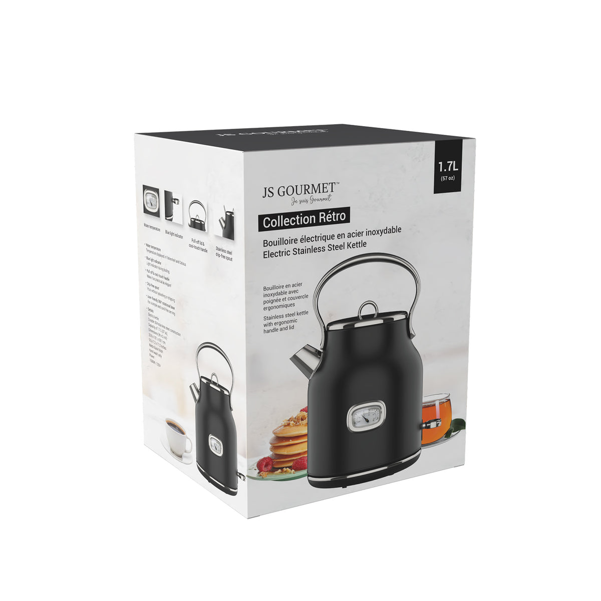 1.7L Retro Electric Kettle with Blue LED Indicator Light — Matte Black packaging