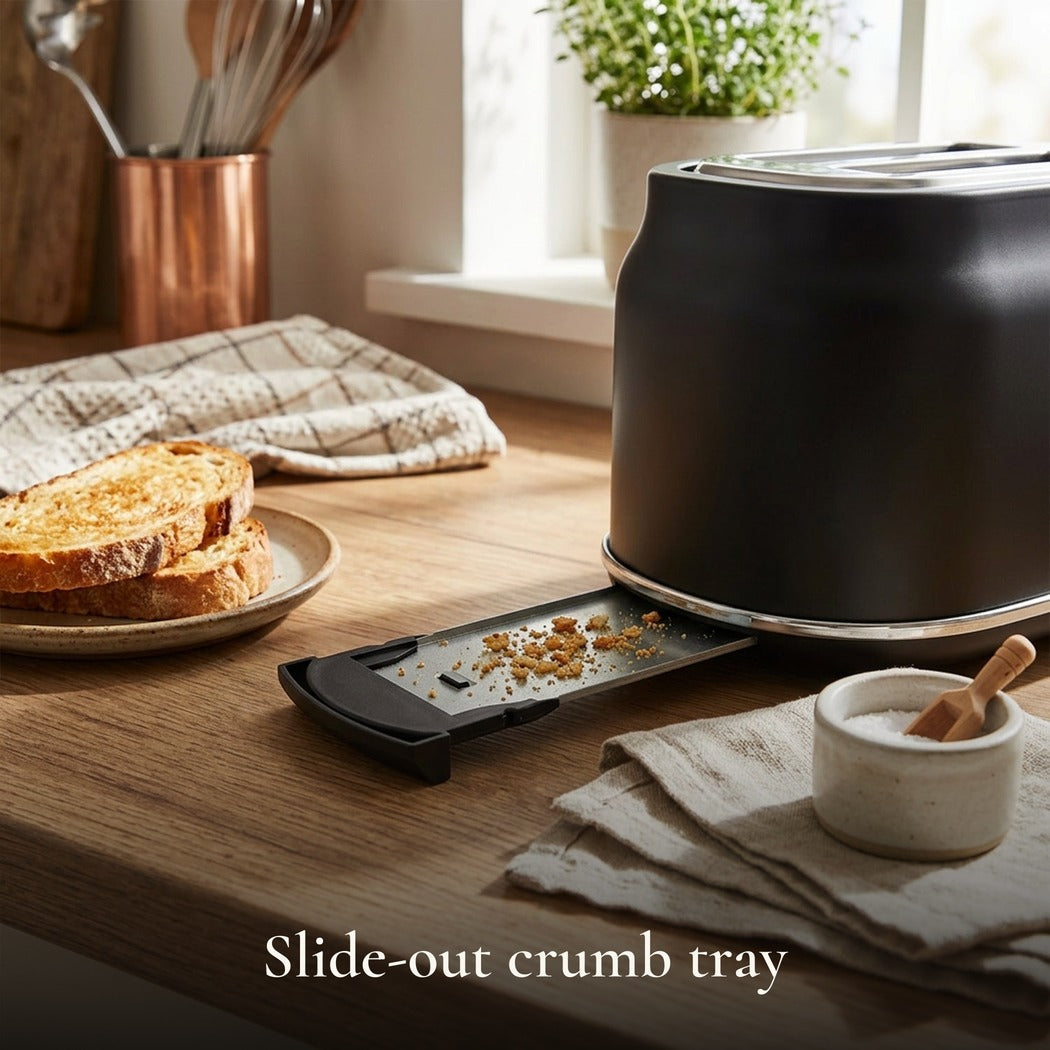 Slide-out crumb tray — Retro 2-Slice Wide Slot Toaster with LED light indicator — Matte Black, 900W