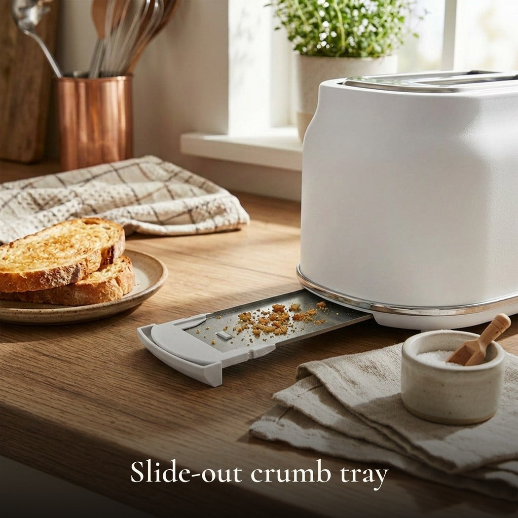 Slide-out crumb tray — Retro 2-Slice Wide Slot Toaster with LED light indicator — Matte White, 900W
