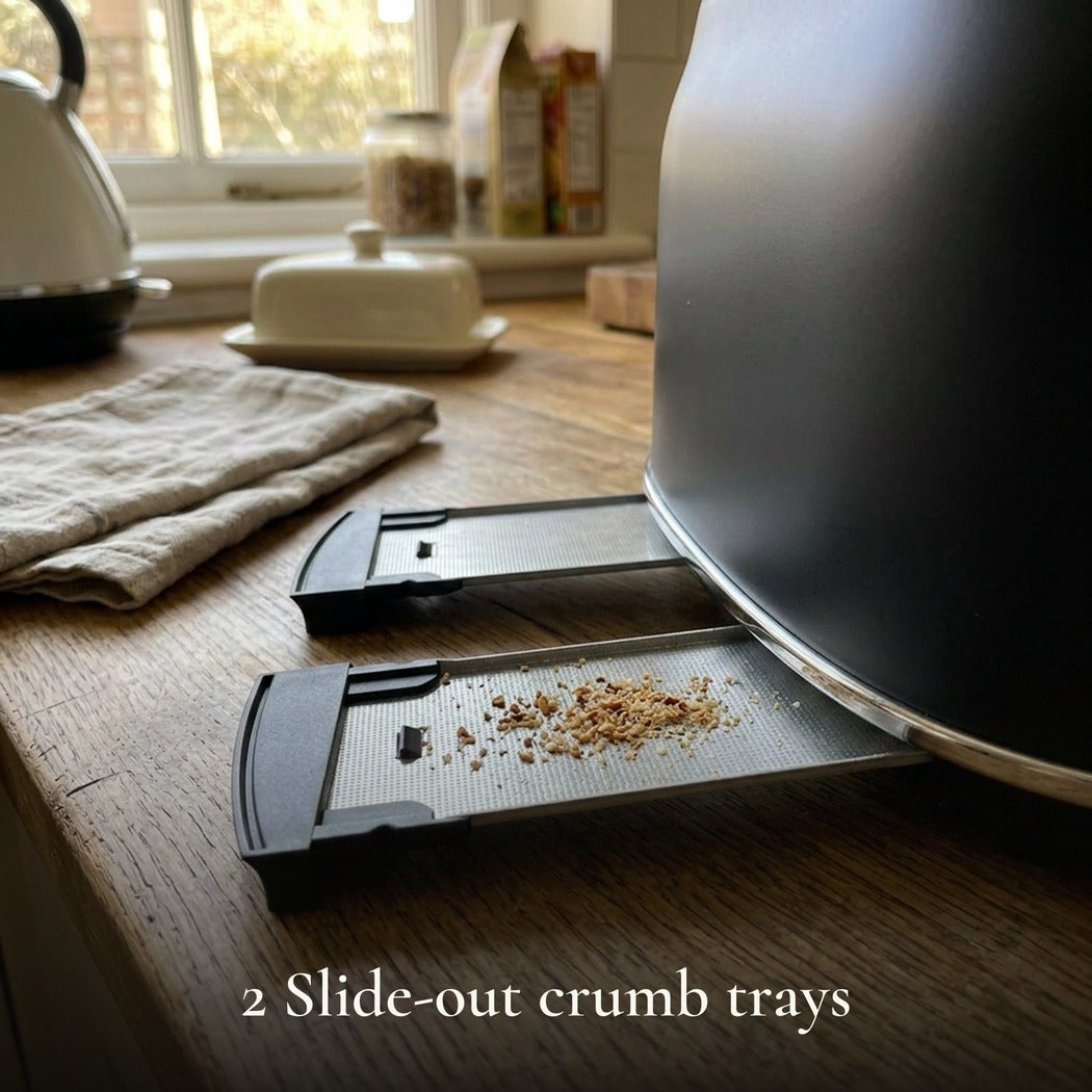 2 Slide-out crumb trays — Retro Wide slot 4-Slice Toaster with LED Light Indicator — Matte Black, 1500W