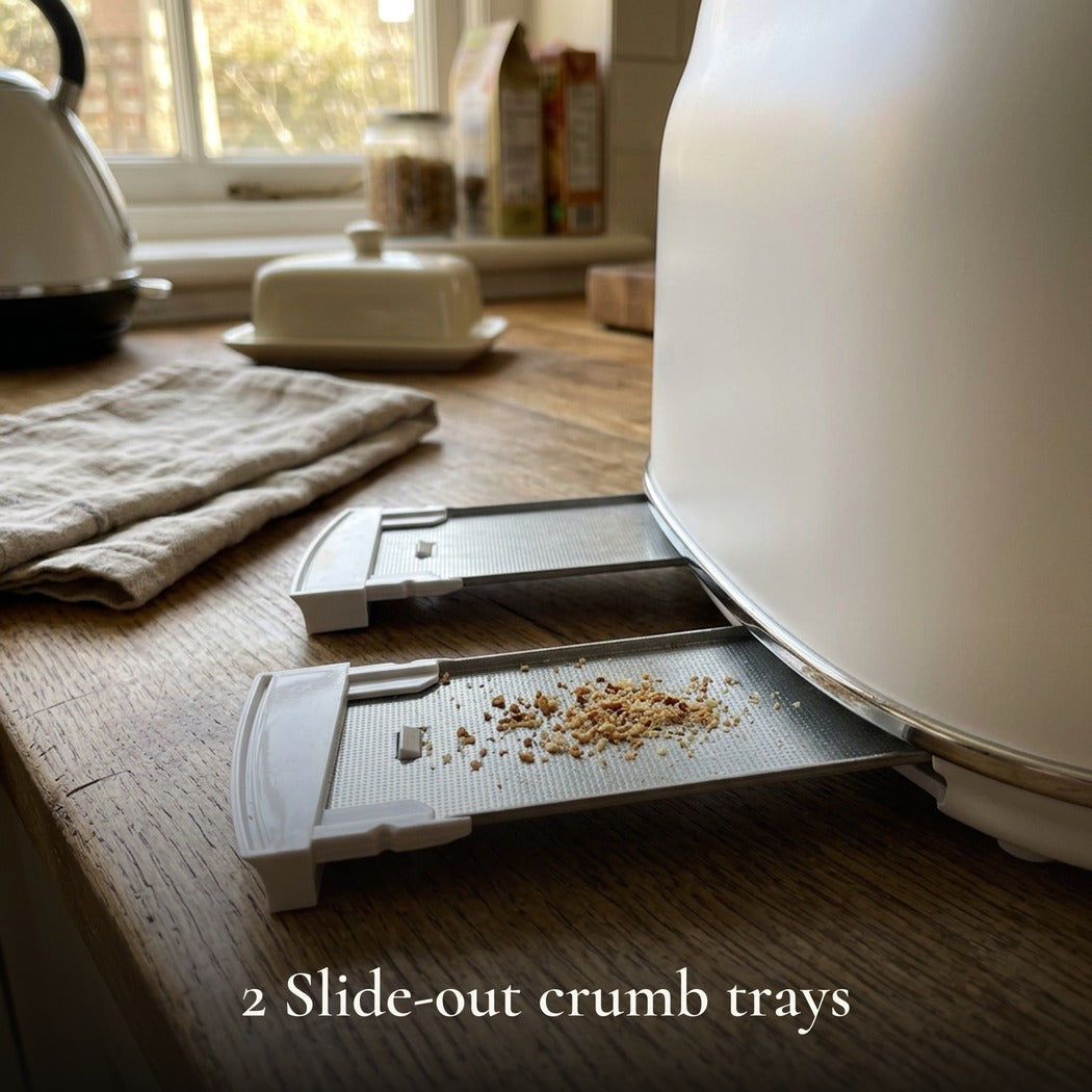 2 Slide-out crumb trays — Retro Wide slot 4-Slice Toaster with LED Light Indicator — Matte White, 1500W