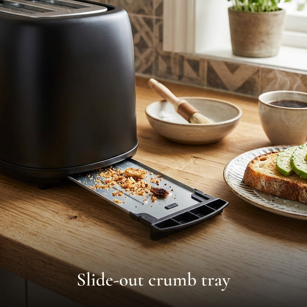 Slide-out crumb tray — Retro 4-Slice Long-Slot Toaster with LED Light Indicator — Matte Black, 1500W