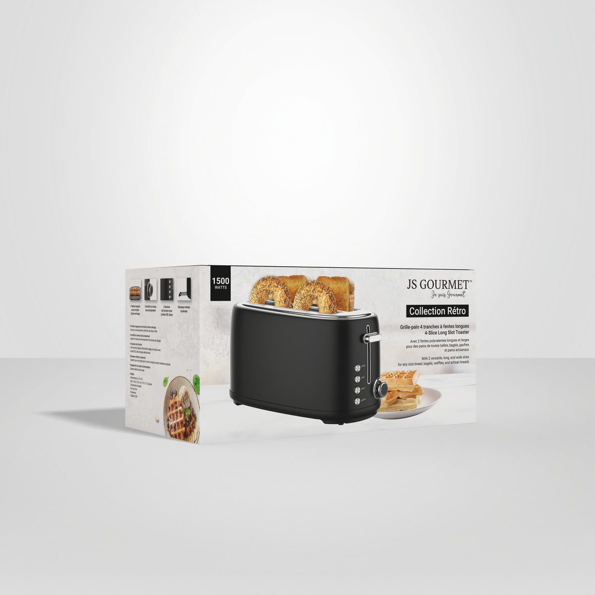 Retro 4-Slice Long-Slot Toaster with LED Light Indicator — Matte Black, 1500W packaging