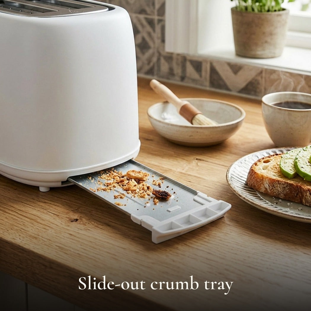 Slide-out crumb tray — Retro 4-Slice Long-Slot Toaster with LED Light Indicator — Matte White, 1500W