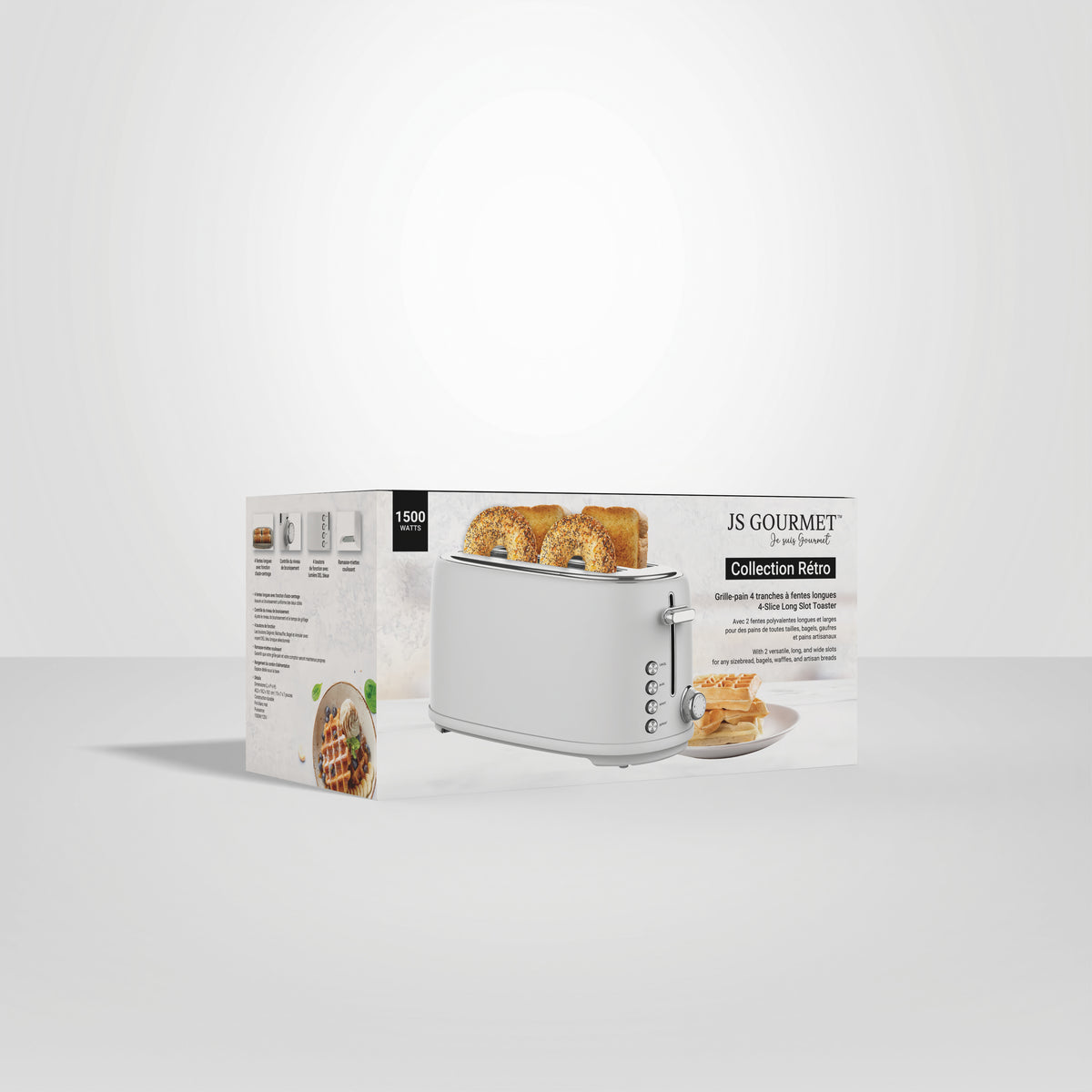 Retro 4-Slice Long-Slot Toaster with LED Light Indicator — Matte White, 1500W packaging