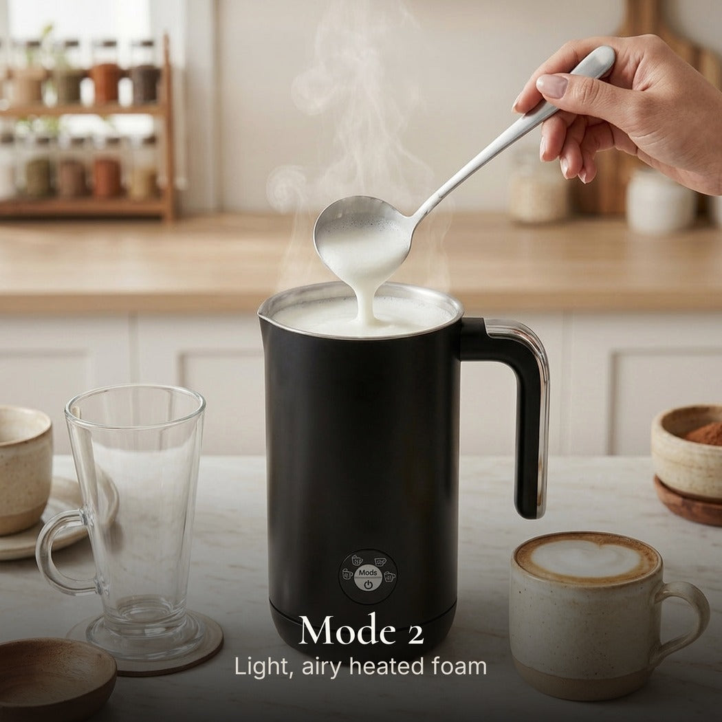 Mode 2: Light, airy heated foam — Retro Electric Milk Frother with Handle — Matte Black, 4 Modes