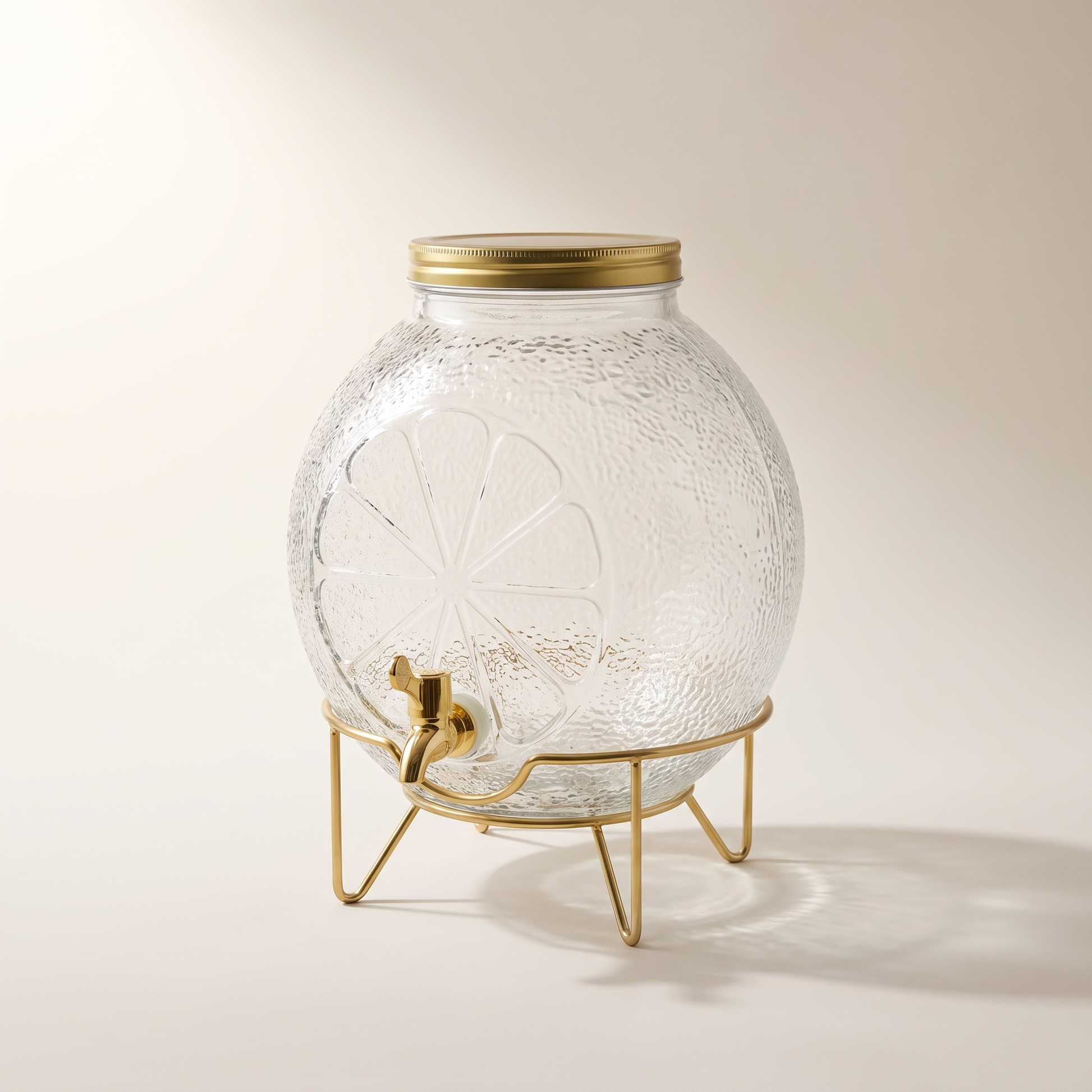 Citrus-Embossed 5L Glass Beverage Dispenser with Gold Stand & Metal Lid