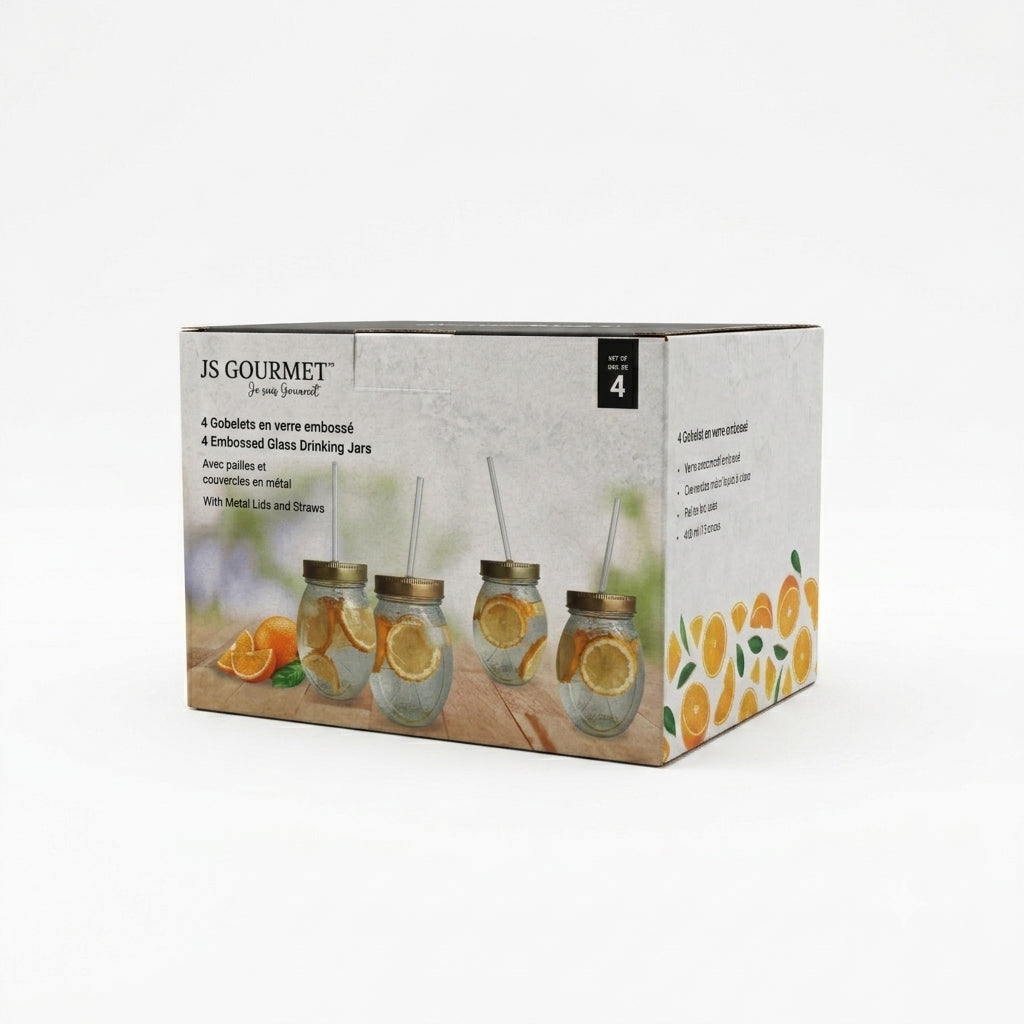 Citrus-Shaped Glass Drinking Jars with Lids & Straws (Set of 4) packaging